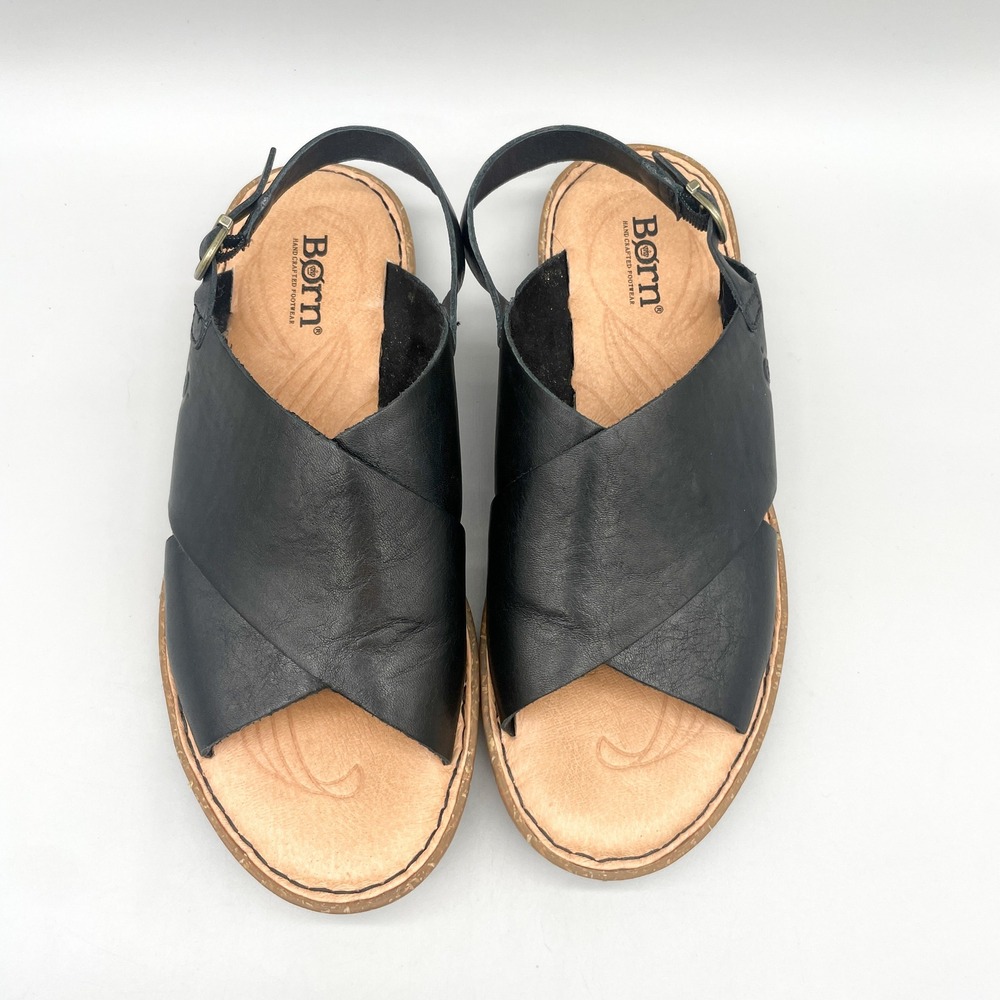 Born Womens 8M Santa Rosa Crisscross Slingback Sandals  Black Leather Boho Flats